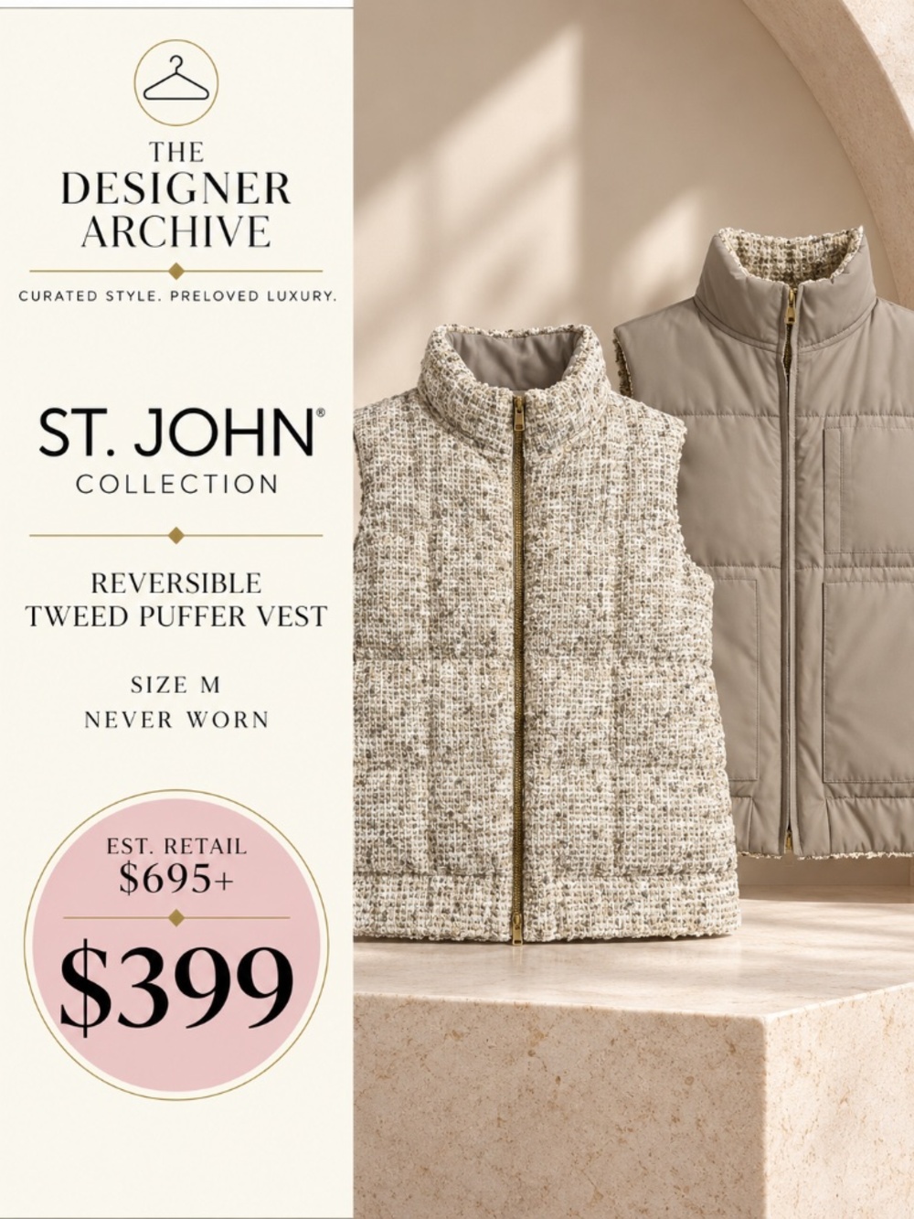 St. John Collection Reversible Tweed Puffer Vest Size M Never Worn